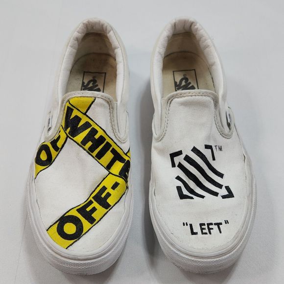 Vans Classic Slip On Sneaker Shoe Caution Tape Left Traffic Women 8 White Custom - Picture 3 of 16